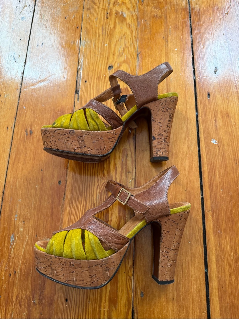 Chie Mihara Brown Leather & Yellow Platform Heels - Women's Sandals
